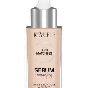 Revuele Serum Foundation in shade No, Very Light, sleek white pump bottle with gold accents on a clean surface