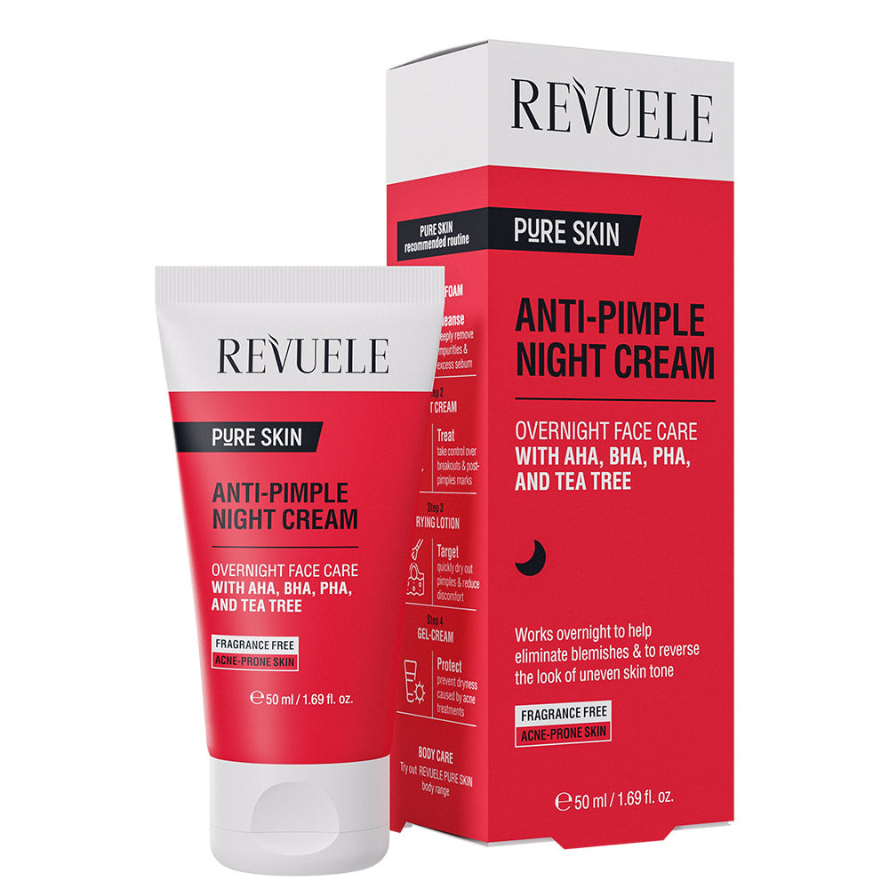 Revuele Anti-Pimple Night Cream in a sleek white jar with purple accents, 50 ml
