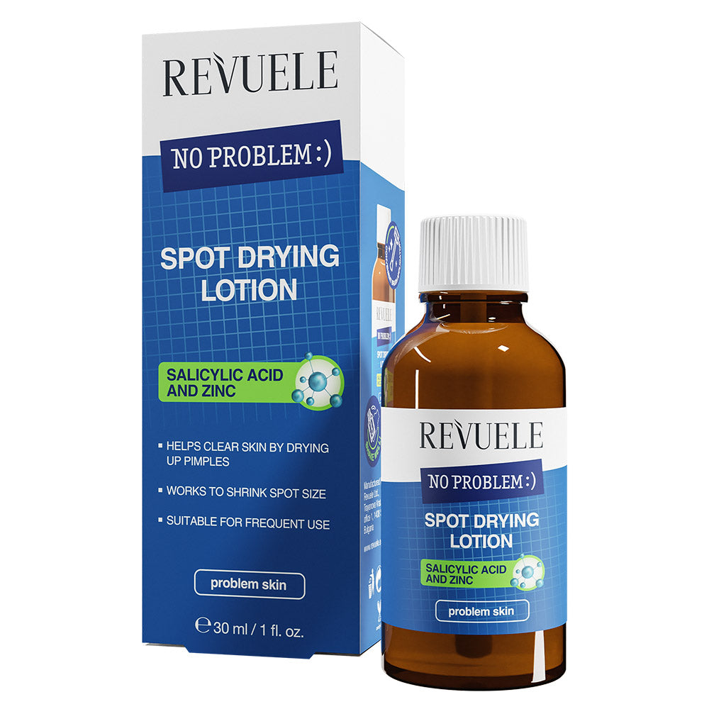 Revuele Spot Drying Lotion 30 ml bottle with dropper, white and green packaging against a clean background