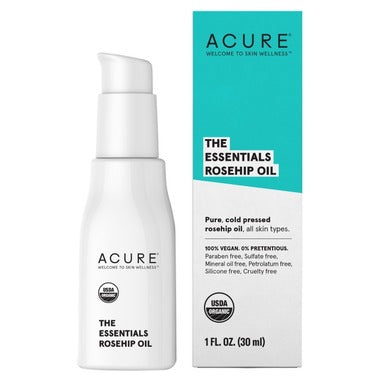 Acure The Essentials Rosehip Oil in a 30 mL amber glass bottle with dropper, shown against a clean white background
