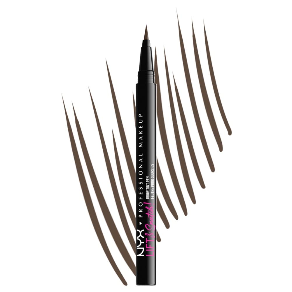 NYX Lift & Snatch! Brow Tint Pen in Ash Brown 06, 1ml packaging with silver cap and clear tube showing product level