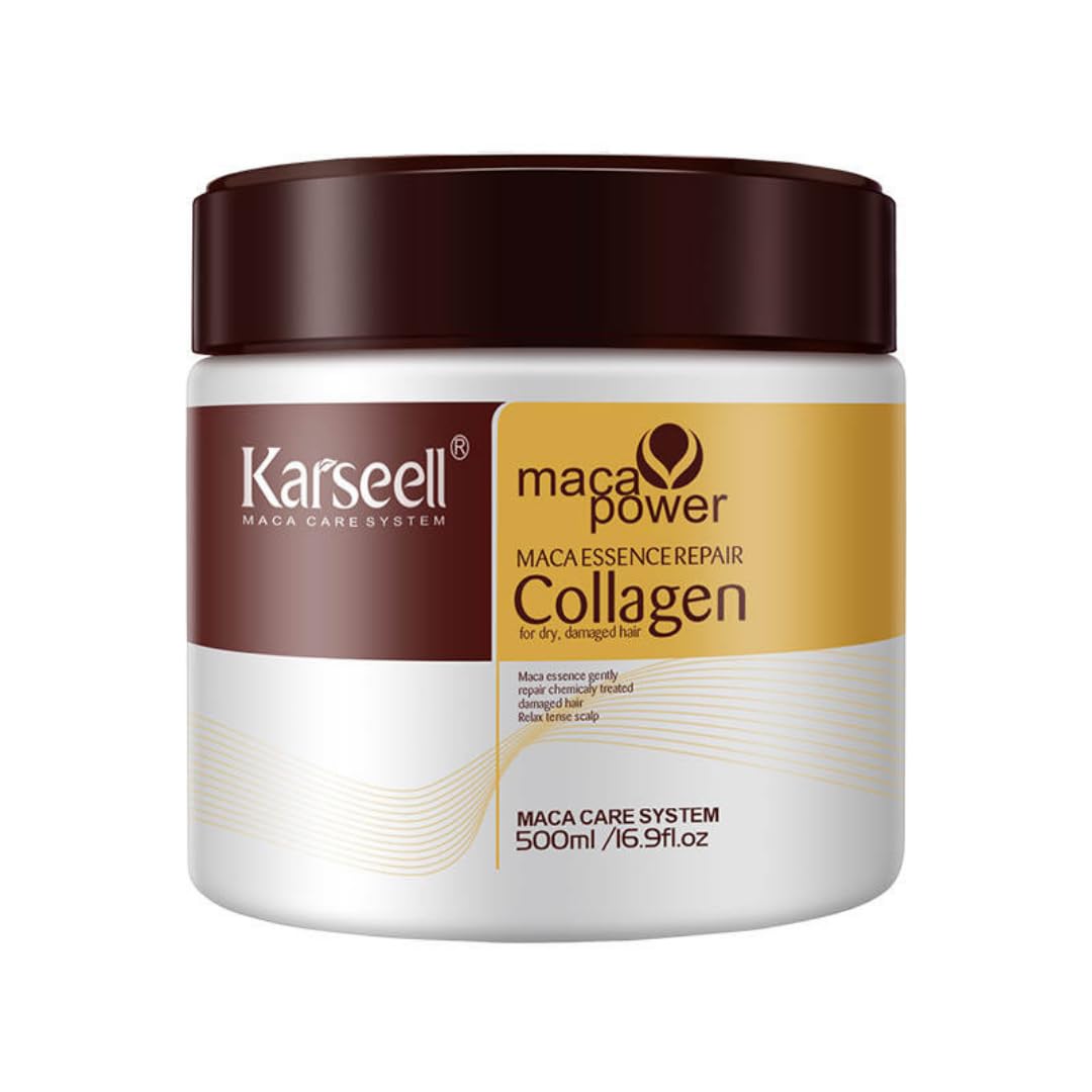 Karseell Maca Essence Repair Collagen Hair Mask 500ml front packaging with golden beige tub