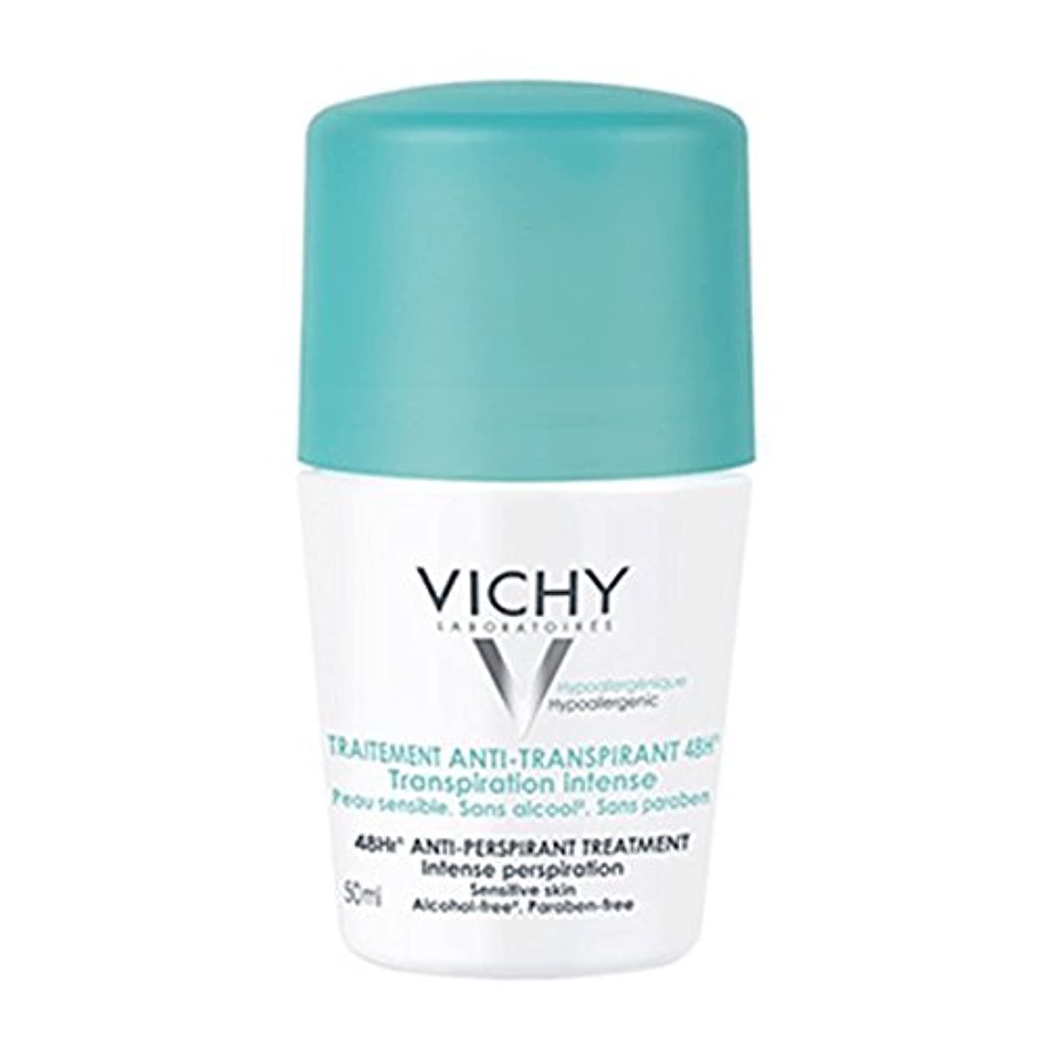 Vichy 48H Anti-Perspirant Deodorant Roll-On 50 ml white bottle with blue cap on clean background