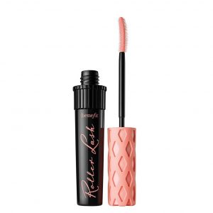 Benefit Roller Lash mascara in black 8.5g, iconic pink and white tube with Hook 'n' Roll brush visible