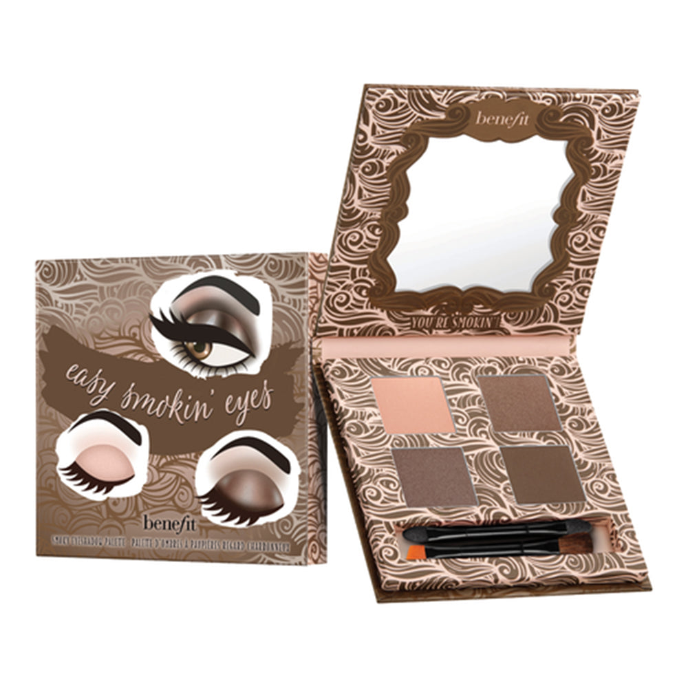 Benefit Easy Smokin Eyes Palette with four powder eyeshadows in soft pink, copper, bronze, and smoky brown