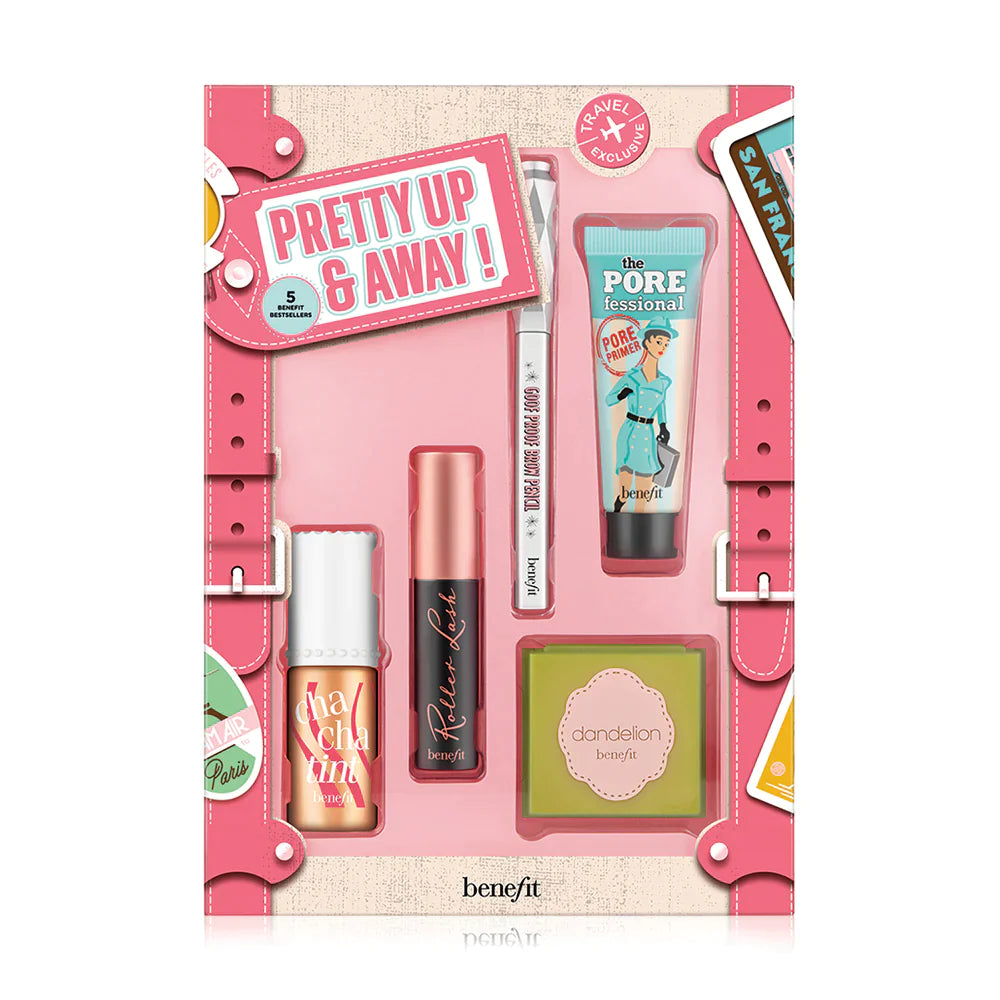 Benefit Pretty Up & Away! Set 5N1 in sleek compact packaging with five mini products displayed open
