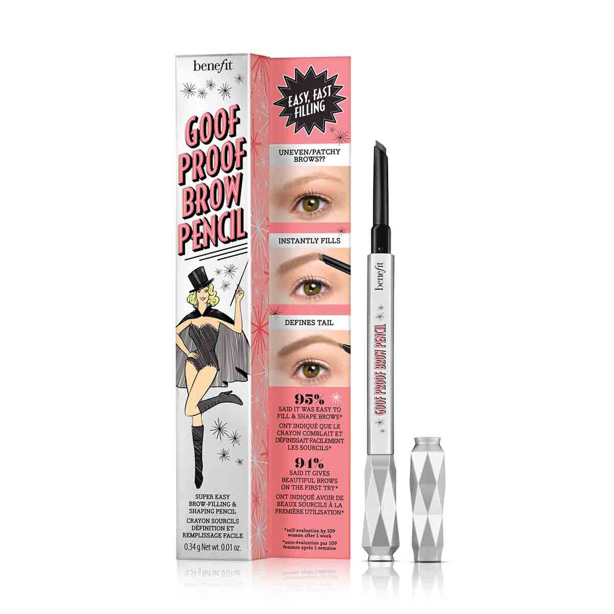 Benefit Goof Proof Brow Pencil in Cool Grey on a white background, showing the angled tip and pencil design