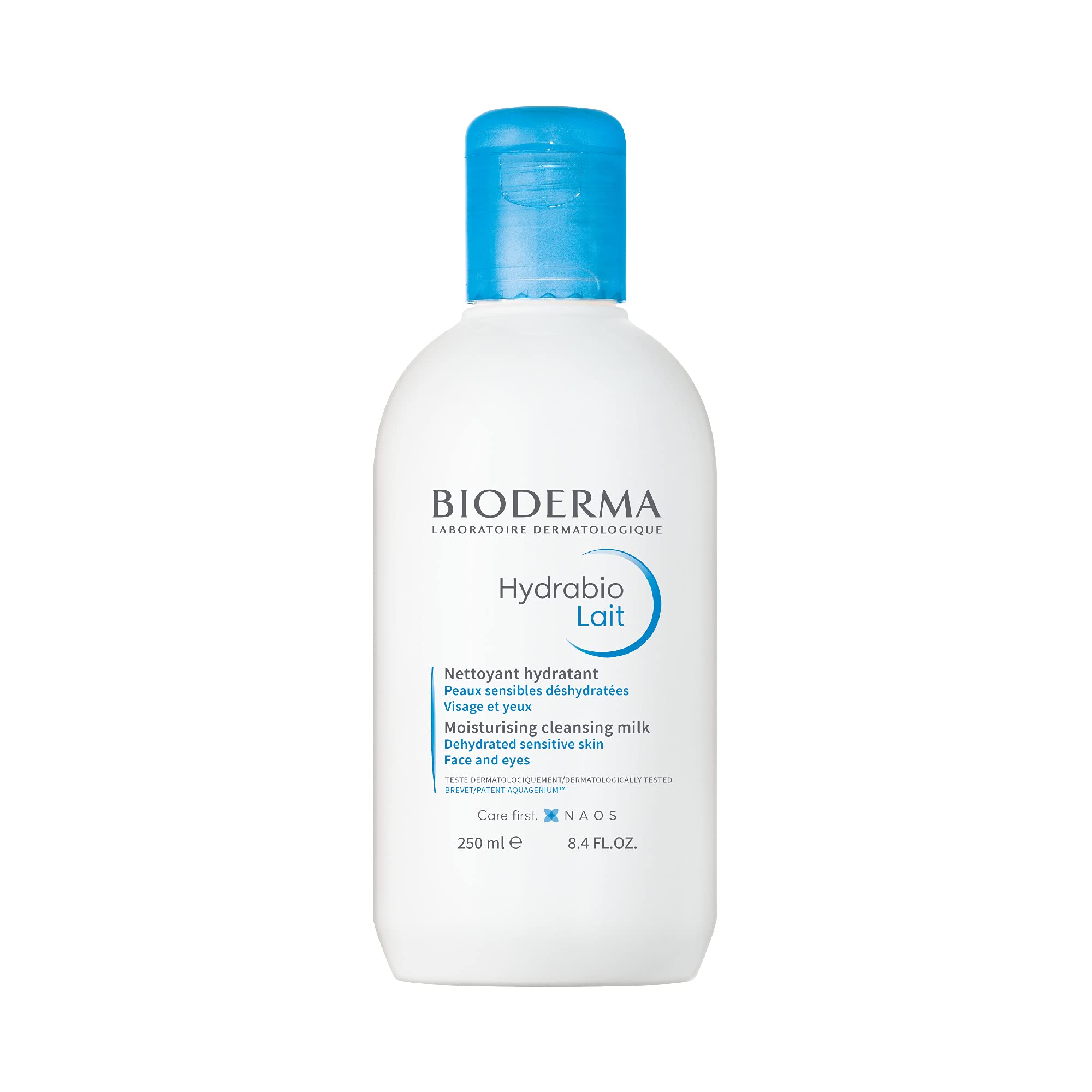 Bioderma Hydrabio H2O Moisturising Cleansing Milk in a white bottle with blue accents, 250ml size