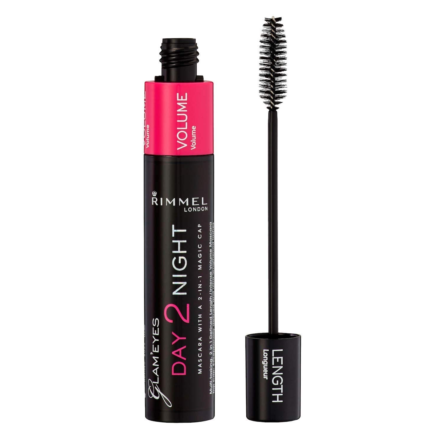 Rimmel London Day 2 Night Ultra-Smooth Mascara in Black - 9.5 ml tube with dual caps labeled Length and Volume