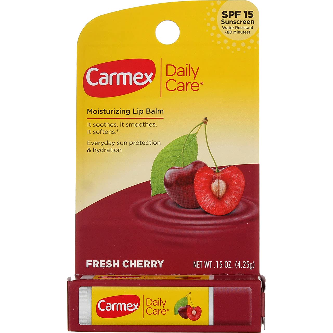 Carmex Cherry Lip Balm Stick SPF 15 in a twist-up stick packaging, cherry red colour