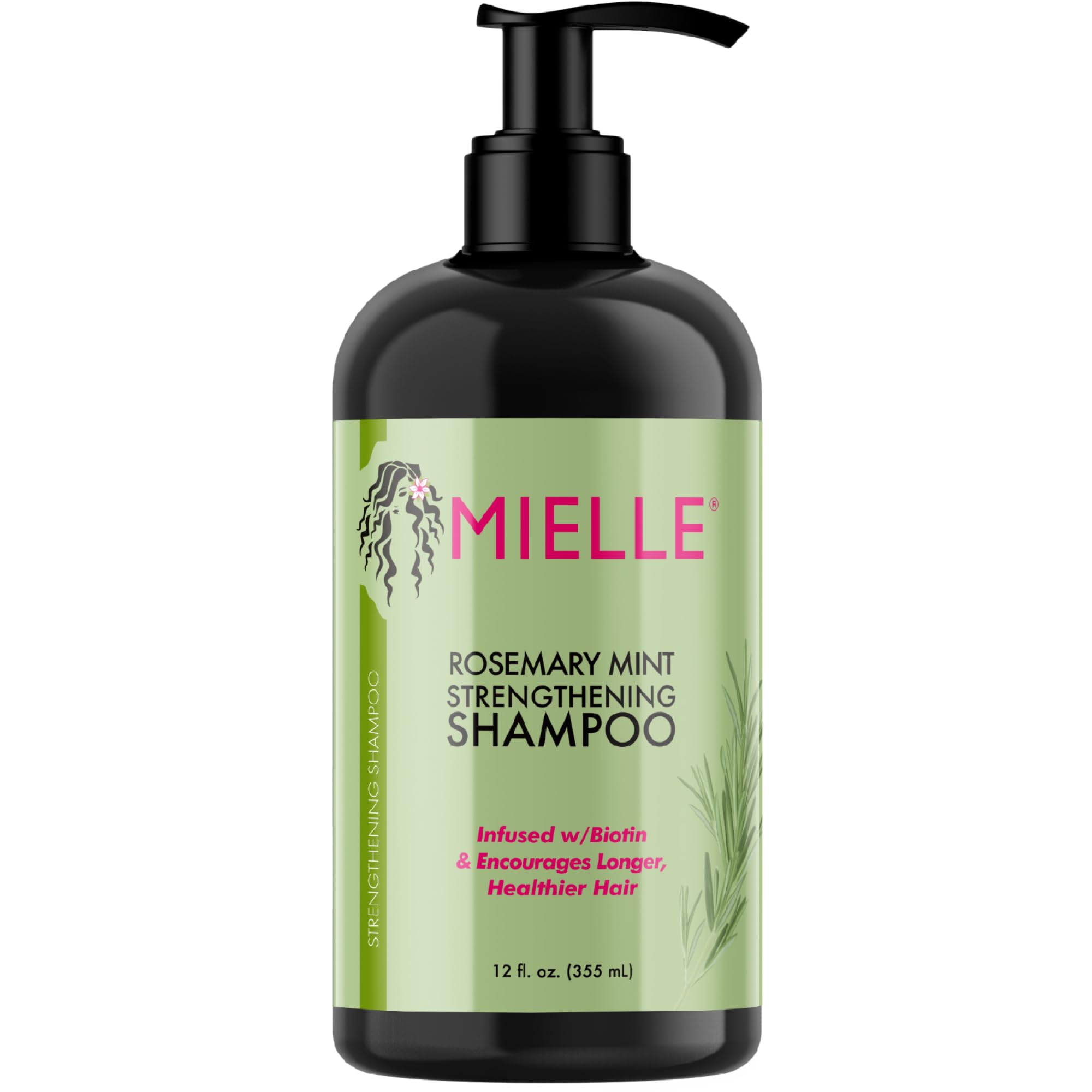 Mielle Rosemary Mint Strengthening Shampoo in a 355ml bottle with green and white label