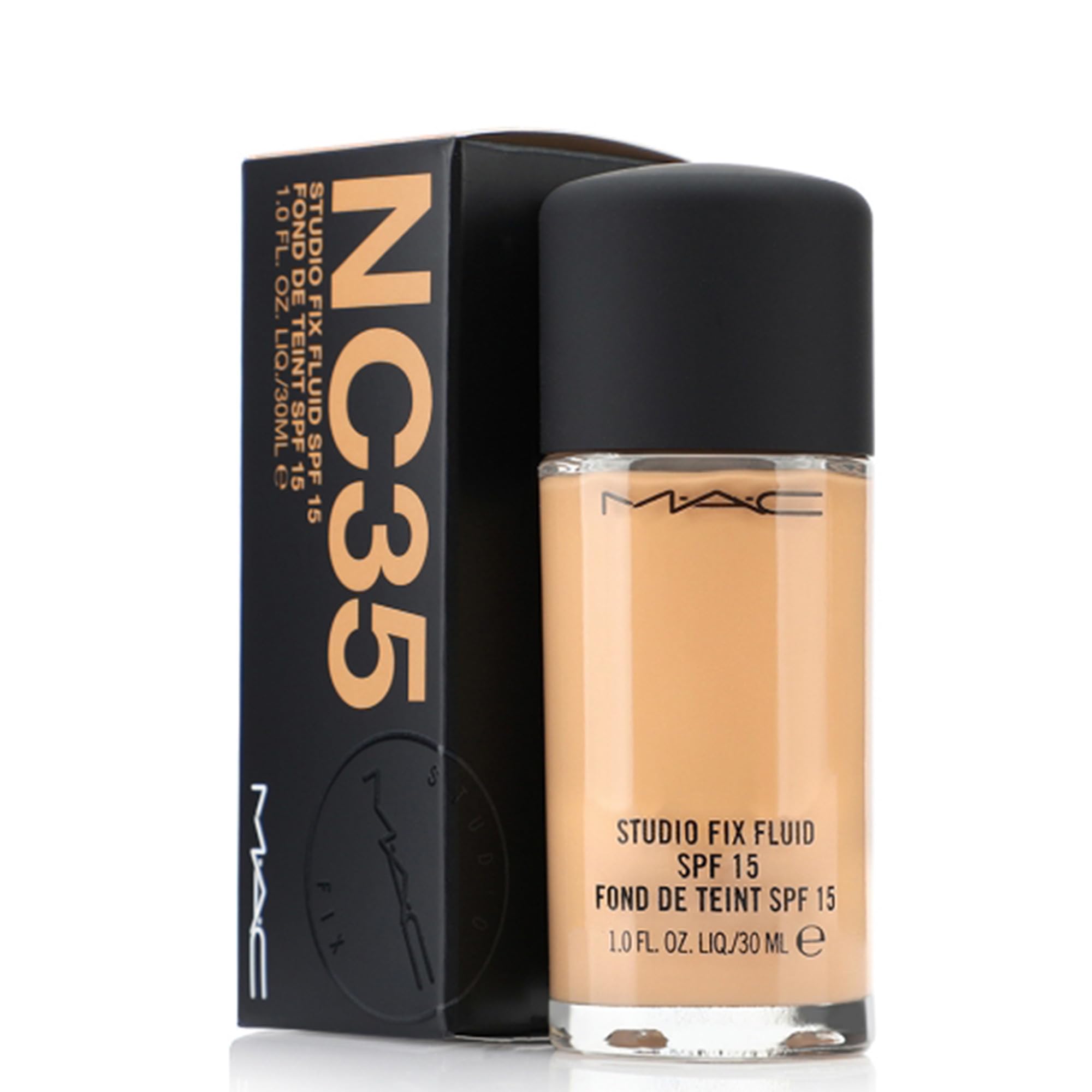 MAC Studio Fix Fluid Foundation SPF15 in shade NC35, a glass bottle with black pump dispenser