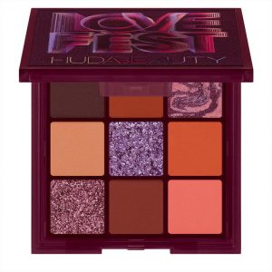 Huda Beauty Obsessions Eyeshadow Palette Lovefest in warm terracotta and shimmering purple shades