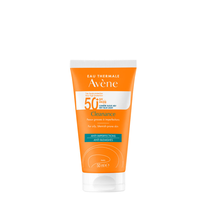 Avène Cleanance Sunscreen SPF50+ 50ml tube on white background