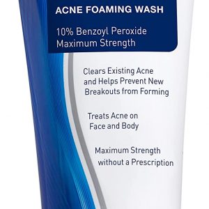 White tube of PanOxyl Acne Foaming Wash with 10% Benzoyl Peroxide, 5.5 Oz, on a clean surface