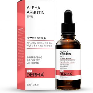 101 Derma Arbutin Power Serum bottle with dropper, white and pink packaging