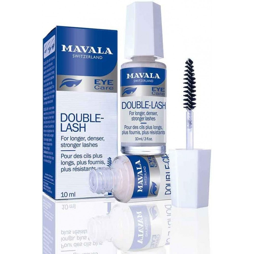Mavala Double Lash Eye Care Serum in a sleek white tube with blue accents, 10 ml packaging