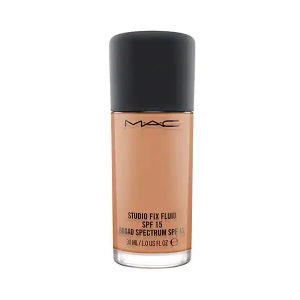 MAC Studio Fix Fluid Foundation SPF 15 in NW25, a lightweight liquid foundation in a frosted glass bottle with black cap