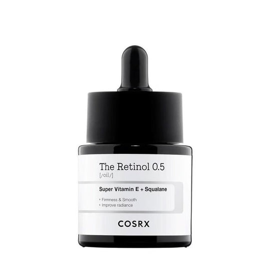 COSRX The Retinol 0.5 Oil 20ML bottle on a white background, showcasing the sleek amber glass packaging and dropper.