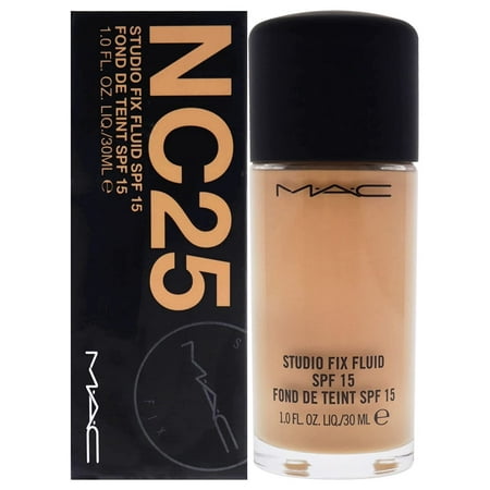 MAC Studio Fix Fluid SPF15 Foundation in shade NC25, 30ml bottle with black cap against white background