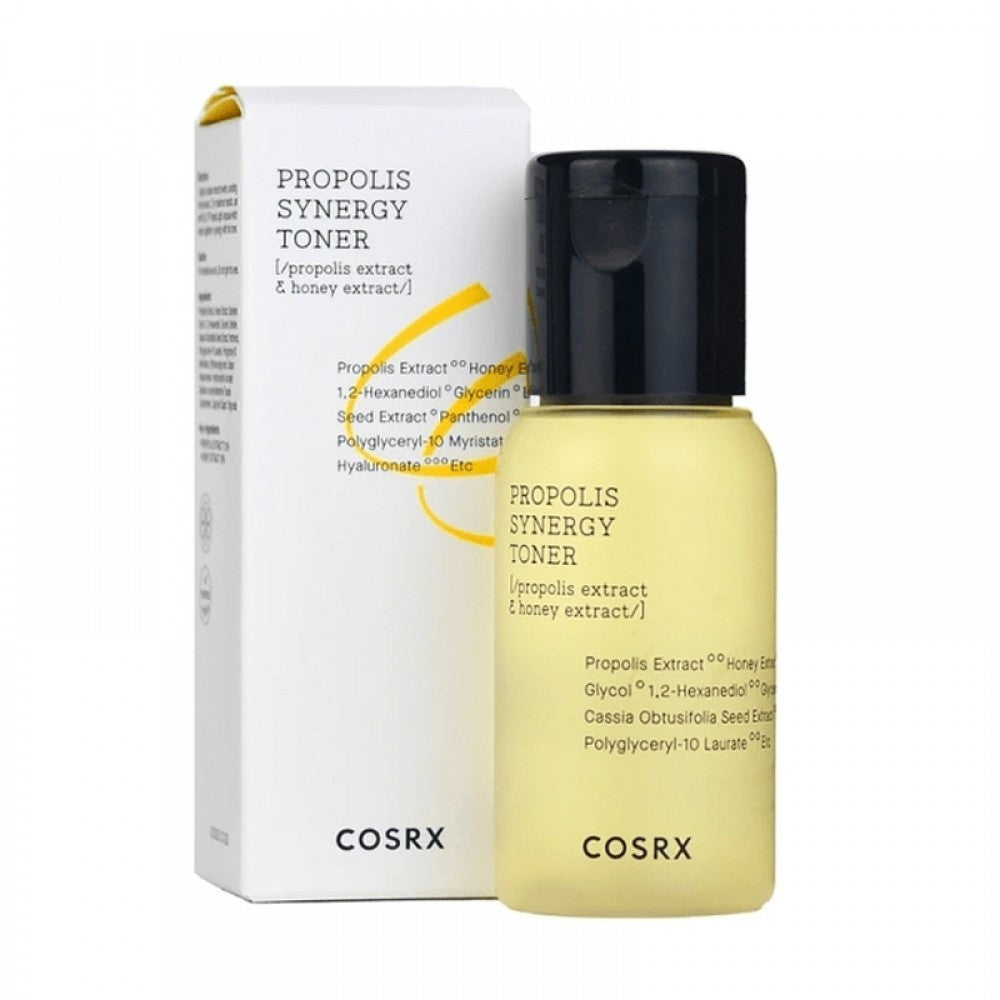 Cosrx Full Fit Propolis Synergy Toner 50ml bottle with gold label and propolis drop design