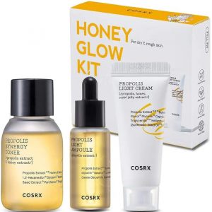 COSRX Honey Glow Kit trio packaging with propolis toner, ampoule, and cream in white and gold design