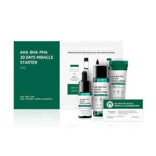 Some By Mi AHA BHA PHA 30 Days Miracle Starter 4N1 Green kit with four mini bottles and a bar soap on a white background