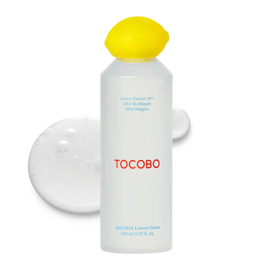 Tocobo AHA BHA Lemon Toner 150mL bottle with playful lemon-shaped cap on white background