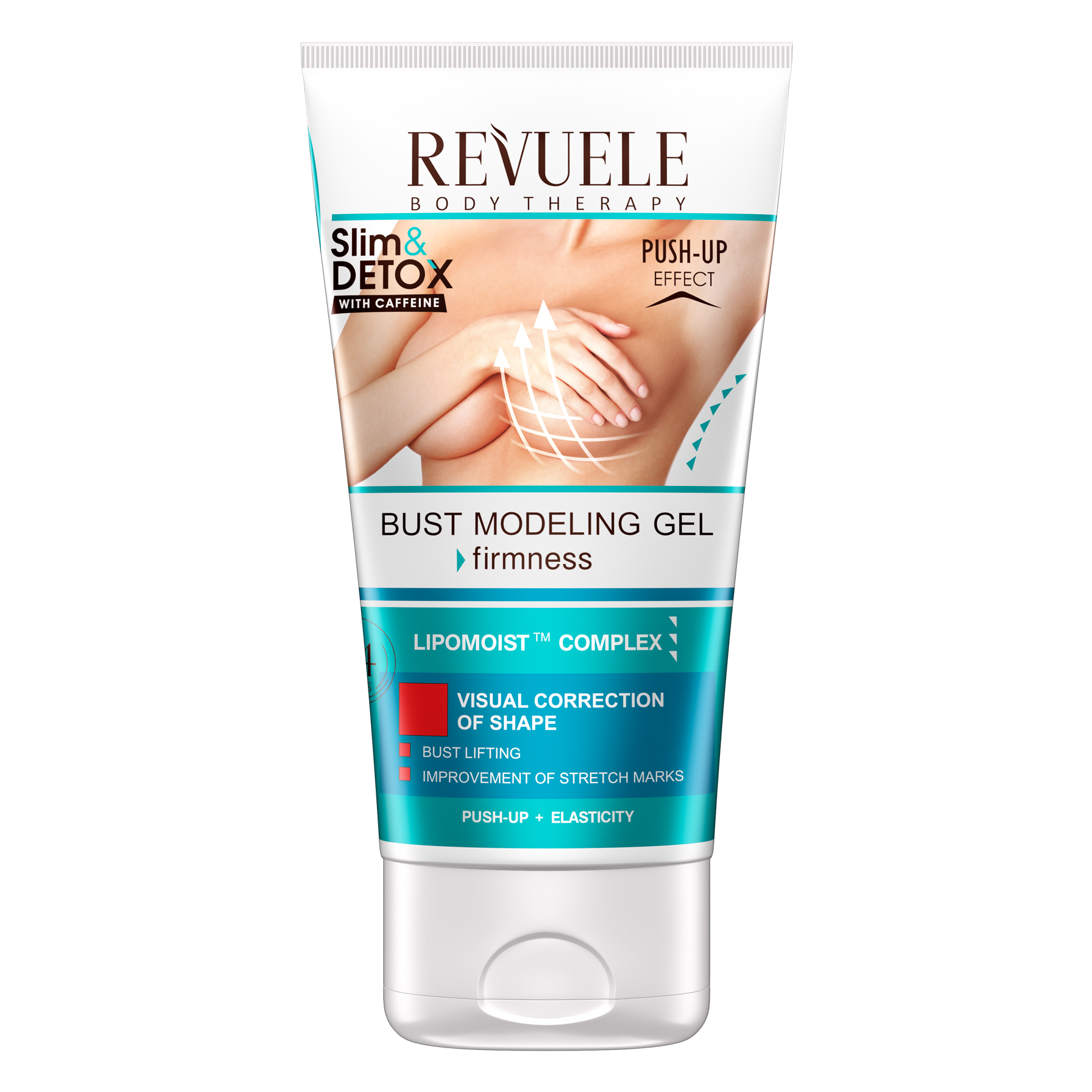 Revuele Slim & Detox Bust Modeling Gel in a white tube with blue accents on a clean surface