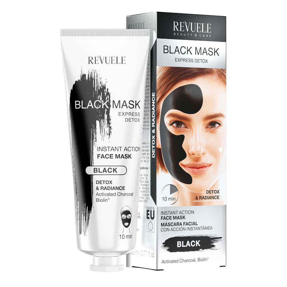 Revuele detox mask close-up showing velvety texture and charcoal particles
