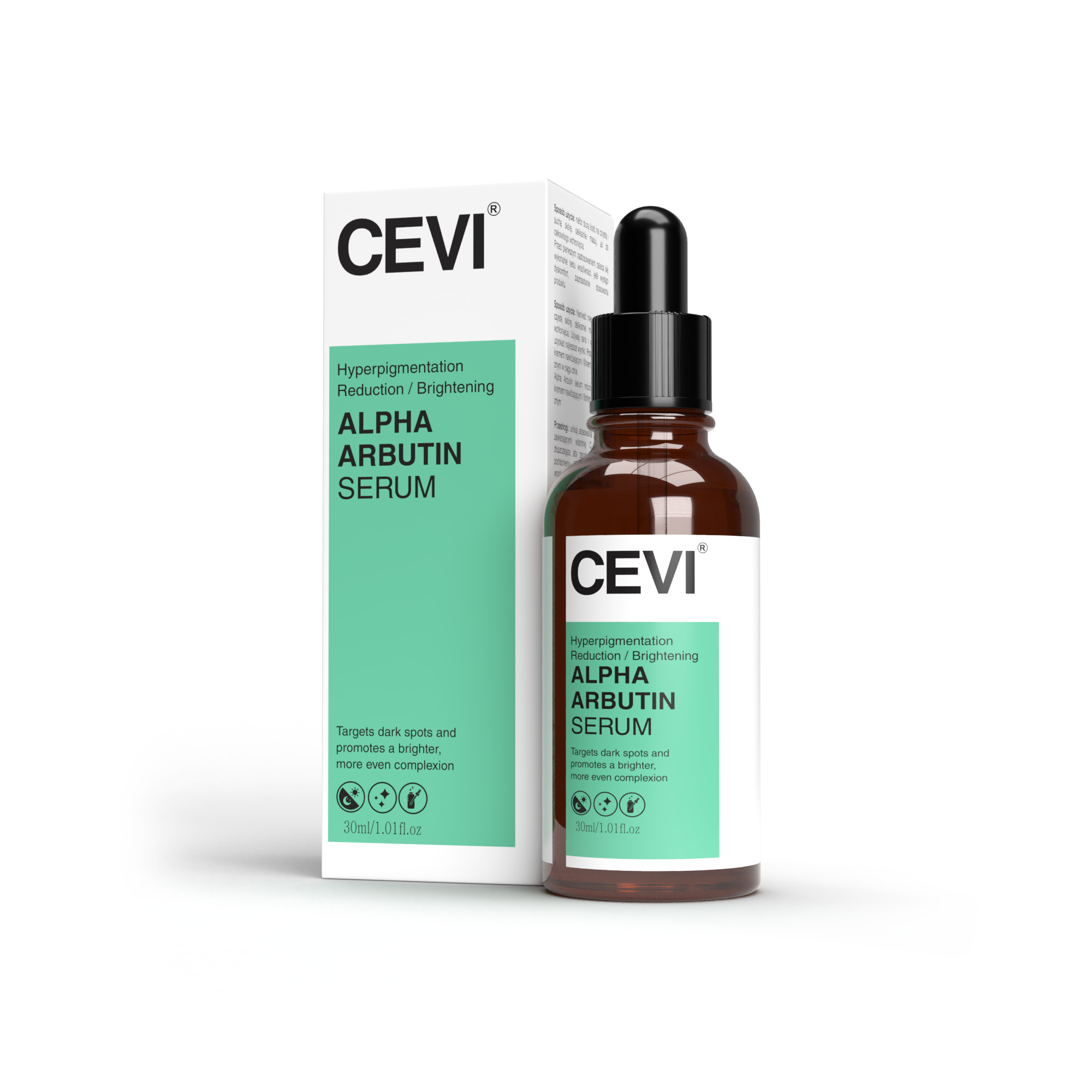 CEVI Alpha Arbutin Serum bottle on white background, minimalist packaging
