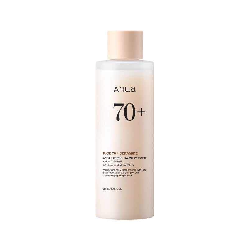 Anua Rice 70 Glow Milky Toner 250 ml, white bottle with milky lotion texture