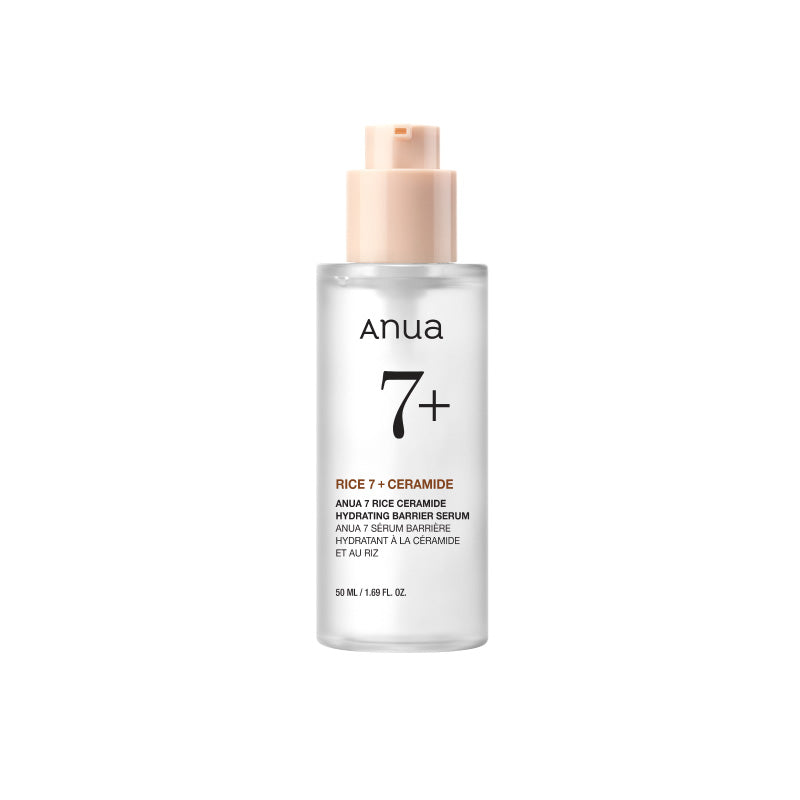 Anua 7 Rice Ceramide Hydrating Barrier Serum in a white and blue bottle with dropper, 50 ml