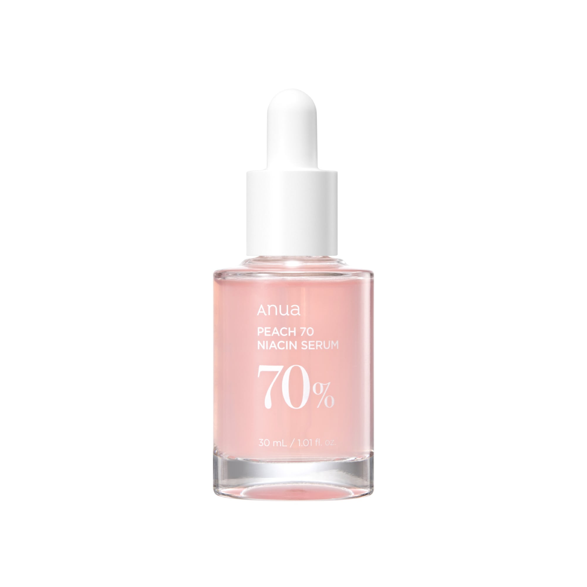 Anua Peach 70 Niacin Serum 30ml in a peach-tinted glass bottle with dropper