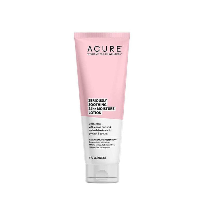 Acure Seriously Soothing 24-hour Moisture Lotion in an 8oz white bottle with green label on a clean surface