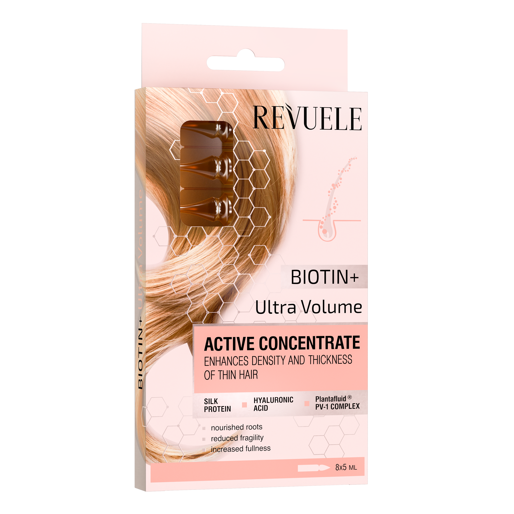 Revuele Hair Serum Biotin+ Active Ampoules 8x5ml — box of 8 single-dose vials with green and white labeling
