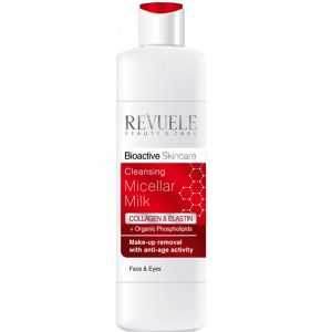 Revuele Cleansing Micellar Milk 200ml bottle on a white surface, soft lighting
