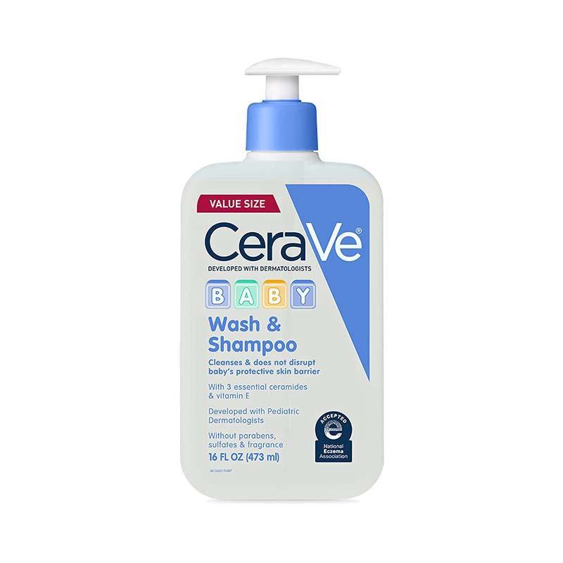 CeraVe Baby Wash & Shampoo 473ml bottle with white and blue label, essential ceramides and vitamin E for gentle baby care