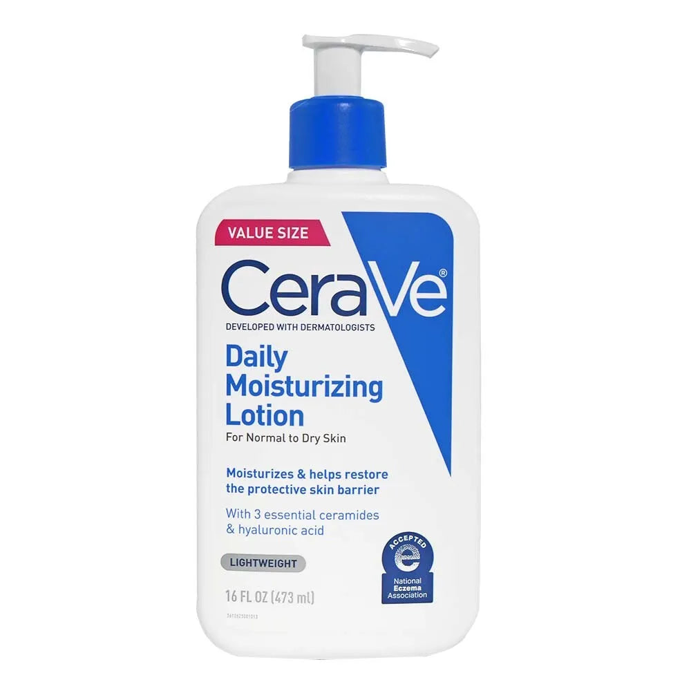CeraVe lotion next to skincare routine products on bathroom shelf