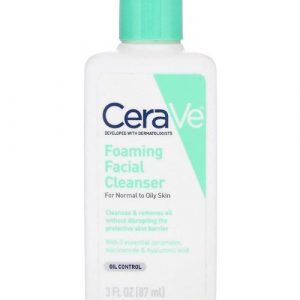 CeraVe Foaming Facial Cleanser 87ml white bottle with teal and white pump, shown against a clean background