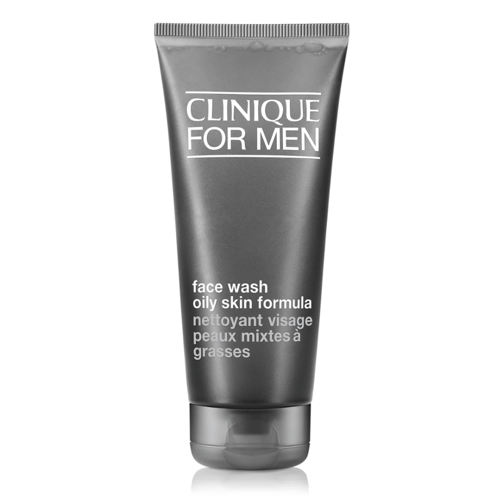 Clinique Men's Face Wash being applied to a damp face, massaging in circular motions to remove excess oil