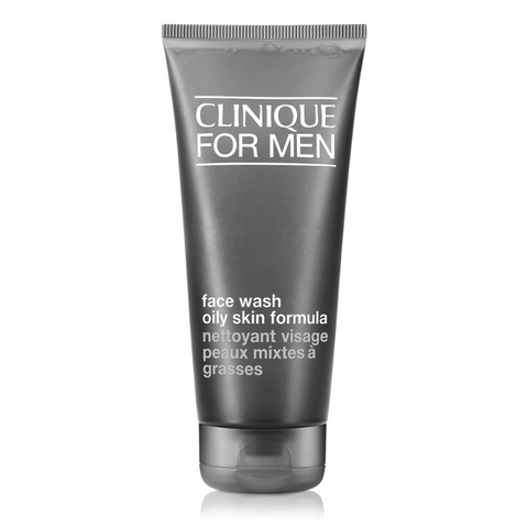 Close-up of Clinique Men's Face Wash gel texture, lathering between hands for a refreshing cleanse