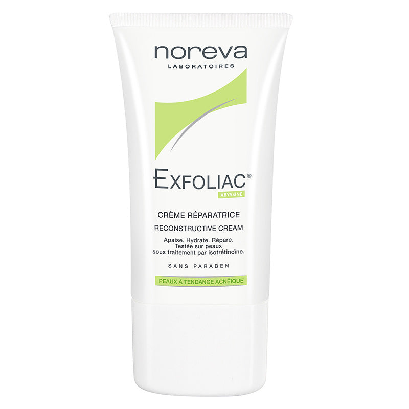 Noreva Exfoliac Reconstructive Cream 40ml in a white tube with blue accents, displayed on a clean surface