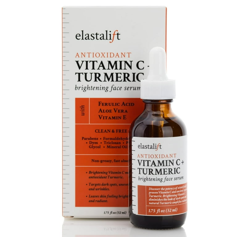 Elastalift Vitamin C and Turmeric Oil brightening face serum in a 52ml glass bottle with dropper, against a clean white background
