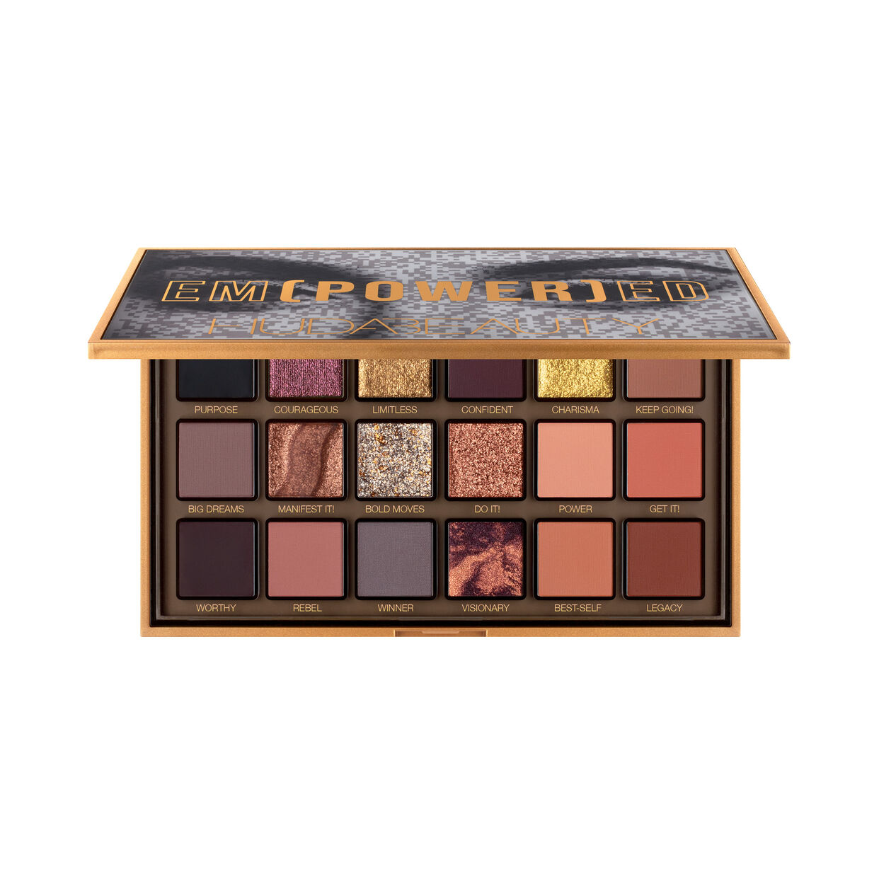 Huda Beauty Empowered Eyeshadow Palette outer packaging in gold and black