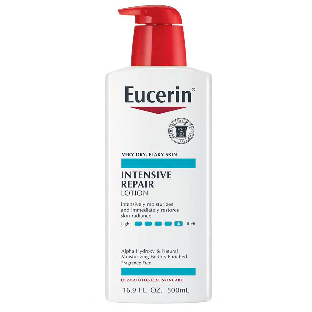 Eucerin Intensive Repair Body Lotion with a towel and skincare products on a bathroom shelf