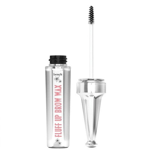 Benefit Fluff Up Brow Wax clear gel tube with dual-sided wand on white background