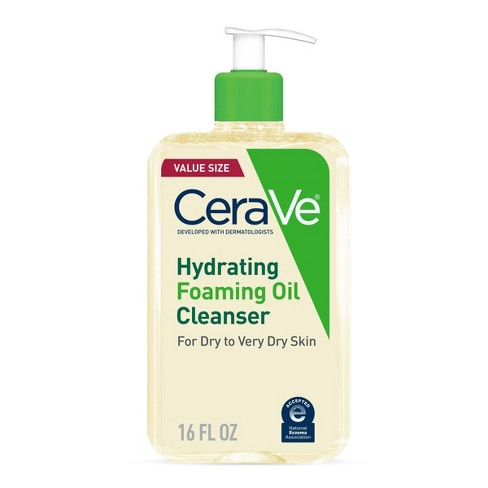 CeraVe Hydrating Foaming Oil Cleanser 473ml bottle with pump on a clean white surface, showing the blue and white label