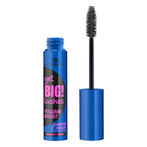 Essence Get Big! Lashes Volume Waterproof Mascara tube with black and pink packaging, side view