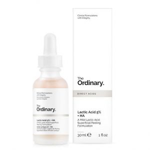 The Ordinary Lactic Acid 5% + HA 30ml serum bottle against a clean white background, highlighting its minimalist packaging